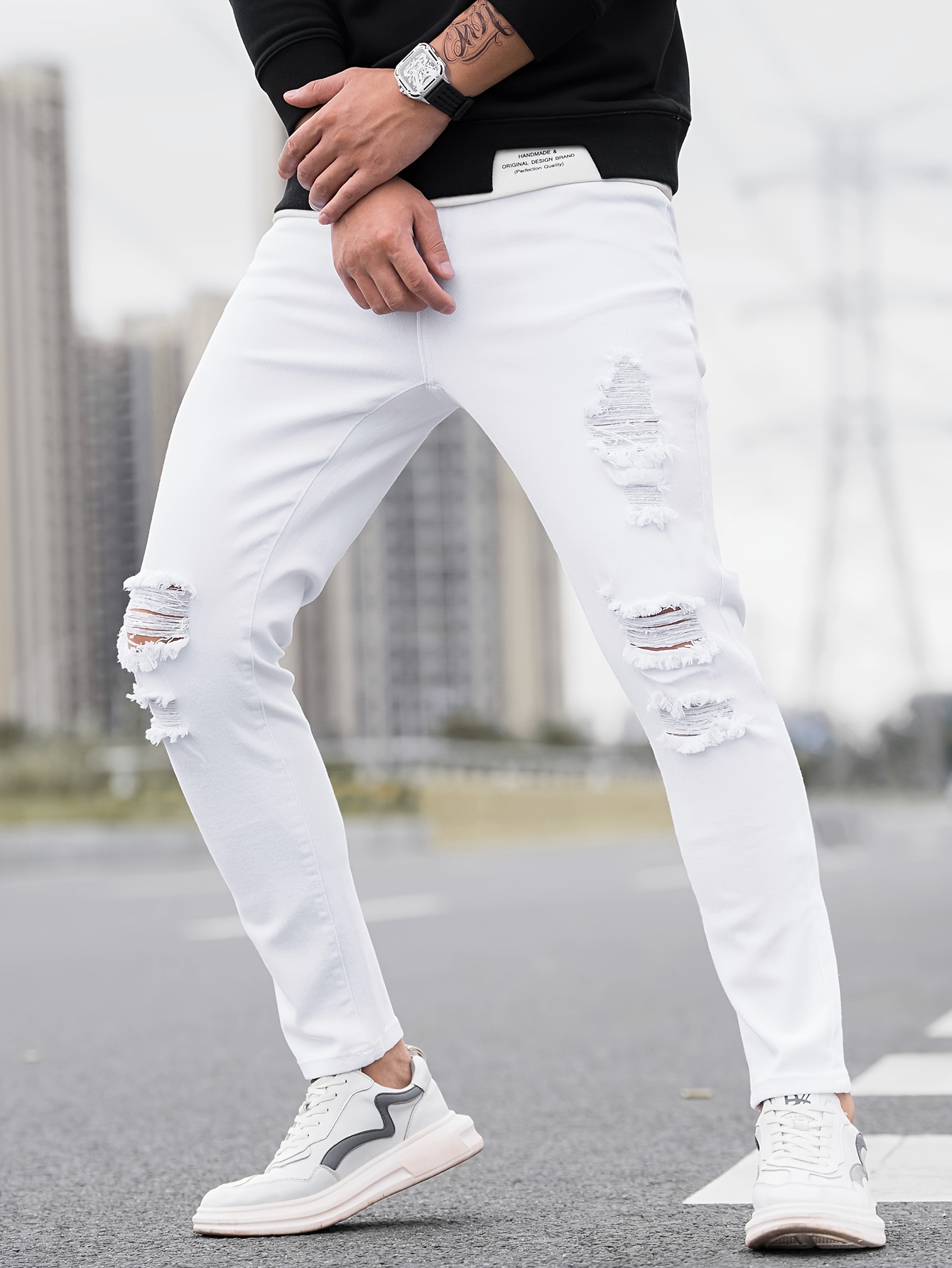 Men's Street Style Fashionable Ripped Slim Denim Jeans, Solid Color Medium  Elastic Denim Trousers For Males