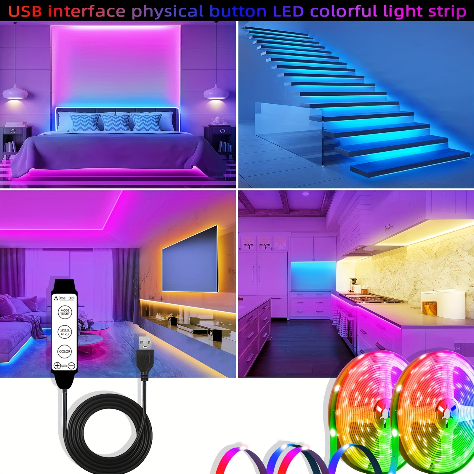 Tira de luces LED alimentadas por pilas de 29.5 ft/30 pies, luces LED que  cambian de color, control remoto 5050 RGB luces LED USB.