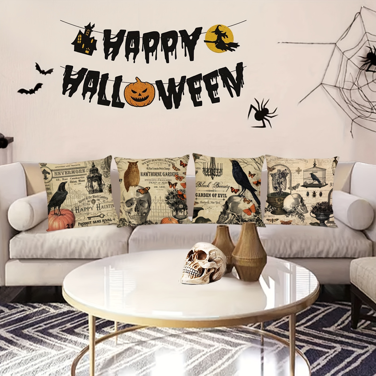 Halloween Linen Blend Pillow Case Skeleton Pumpkin Crow Square Cushion Cover