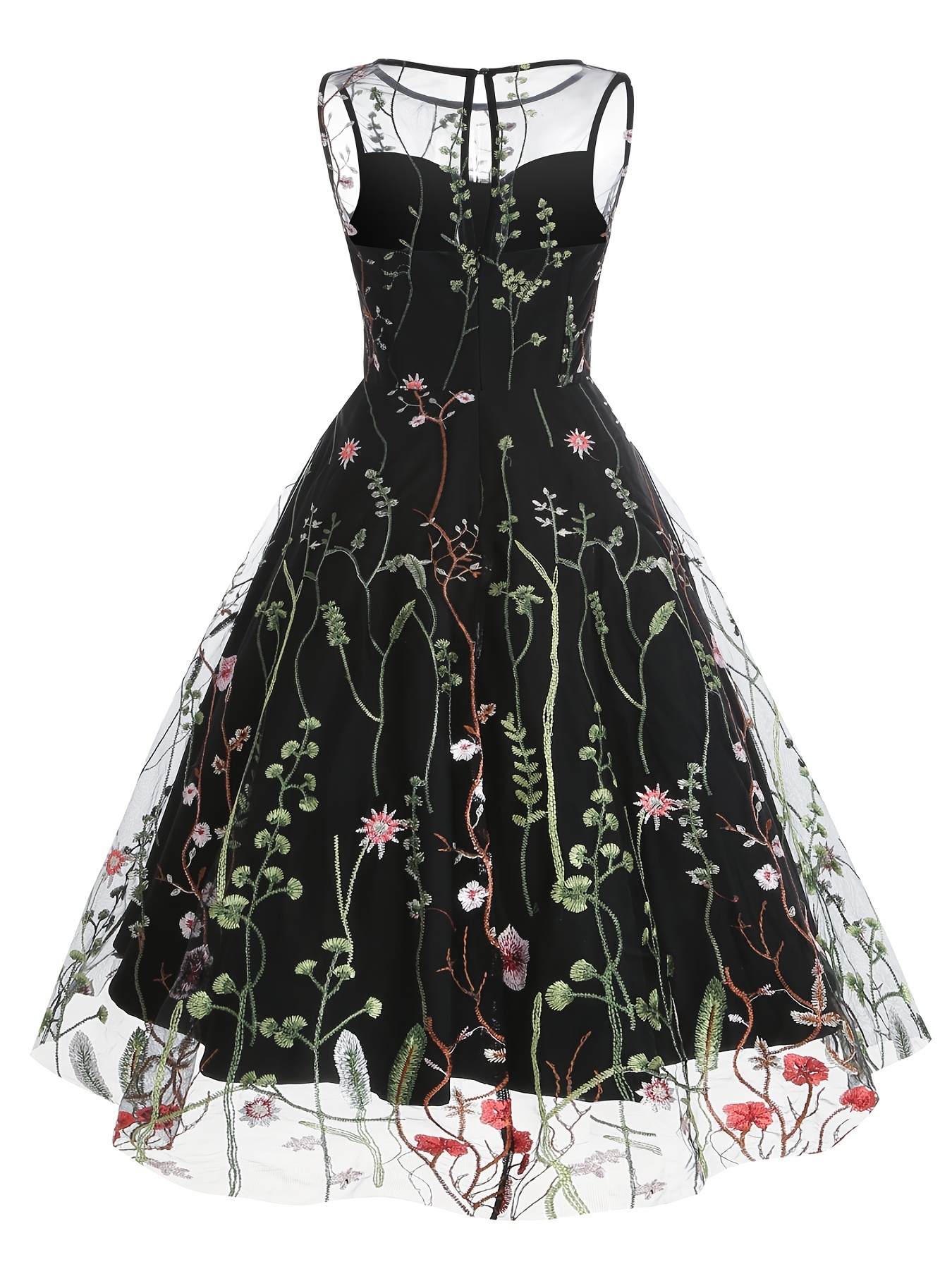 Embroidery Mesh Floral Print Dress, Vintage Sleeveless Ruffle Hem Maxi ...