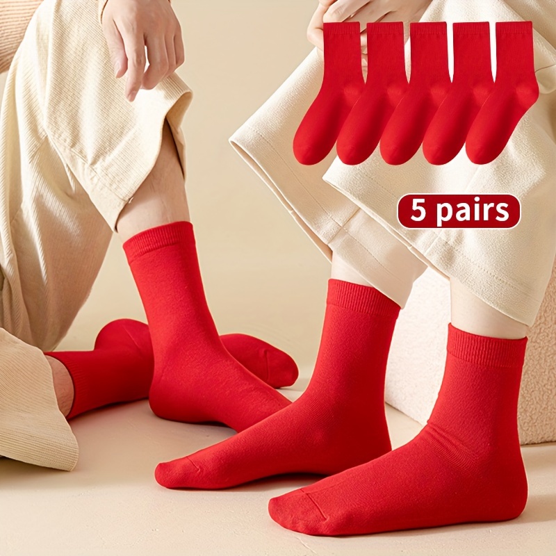 

5pcs Red Crew Socks - Breathable, Fit For Couples & New Year Gifts