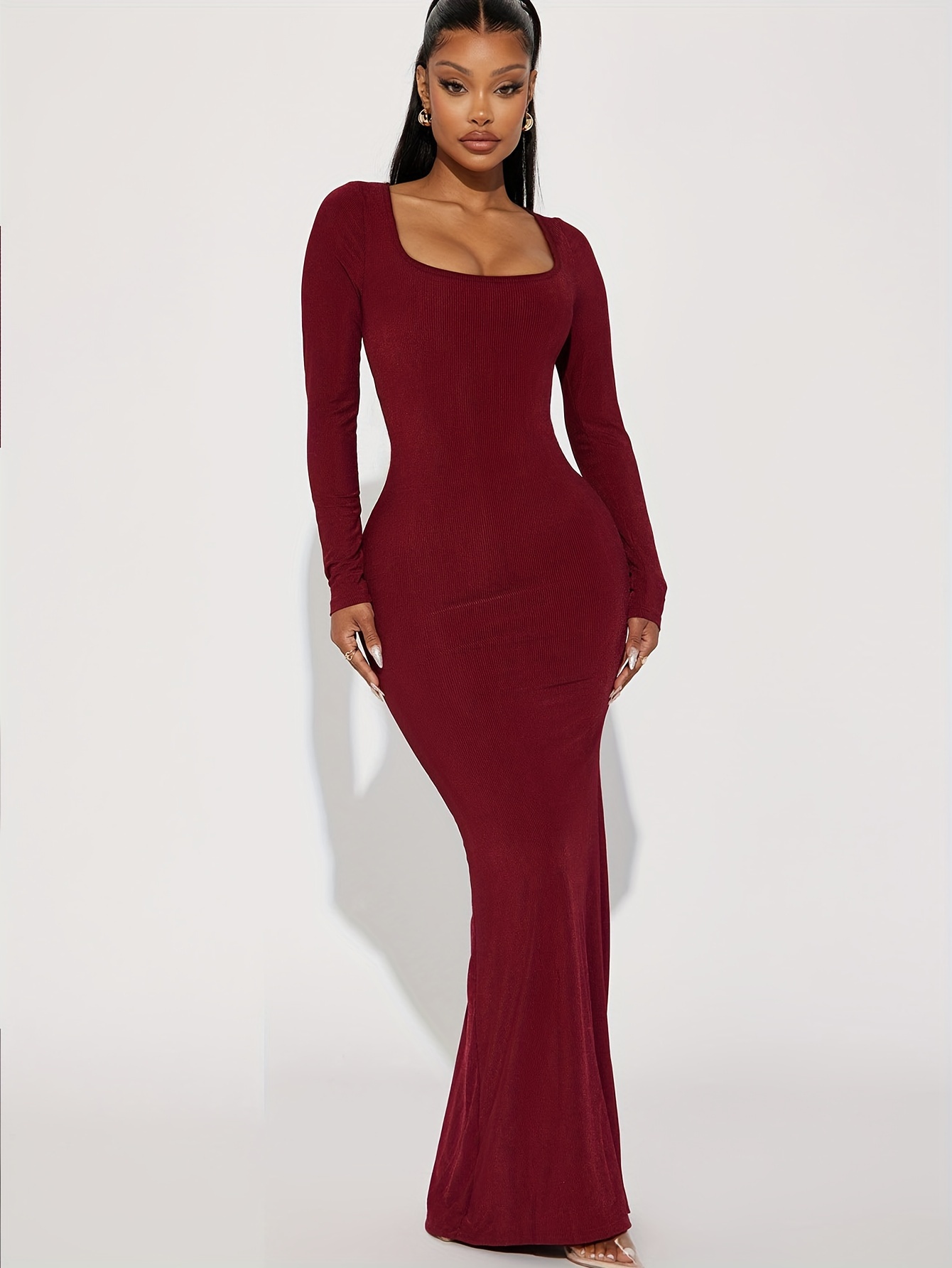 Square Neck Long Sleeve Slim Dress Chic Solid Color Maxi - Temu