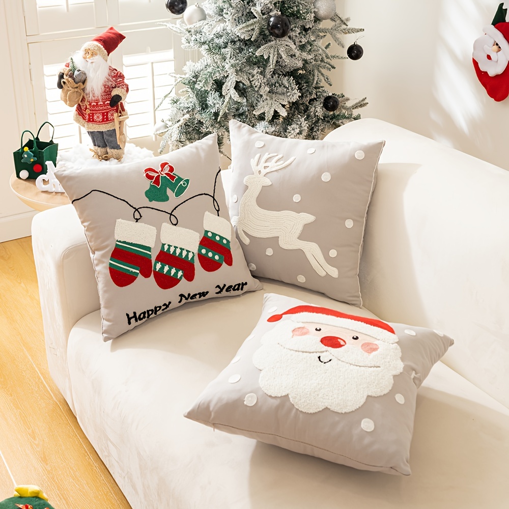 4pcs Christmas Christmas Eve Snowman Santa Claus Reindeer Pattern Printed  Polyester Fabric Throw Pillow Case, New Year Bedroom Office Sofa Farmhouse H