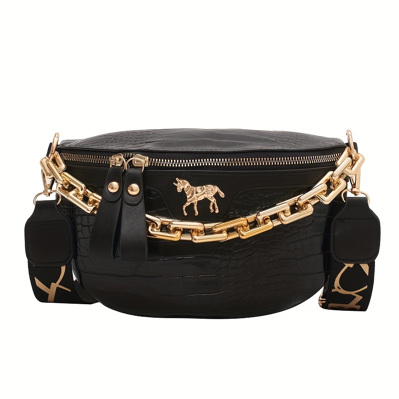 

Crocodile Pattern Chest Bag, Pu Leather Crossbody Bag, Chain Decor Waist Bag With Wide Strap