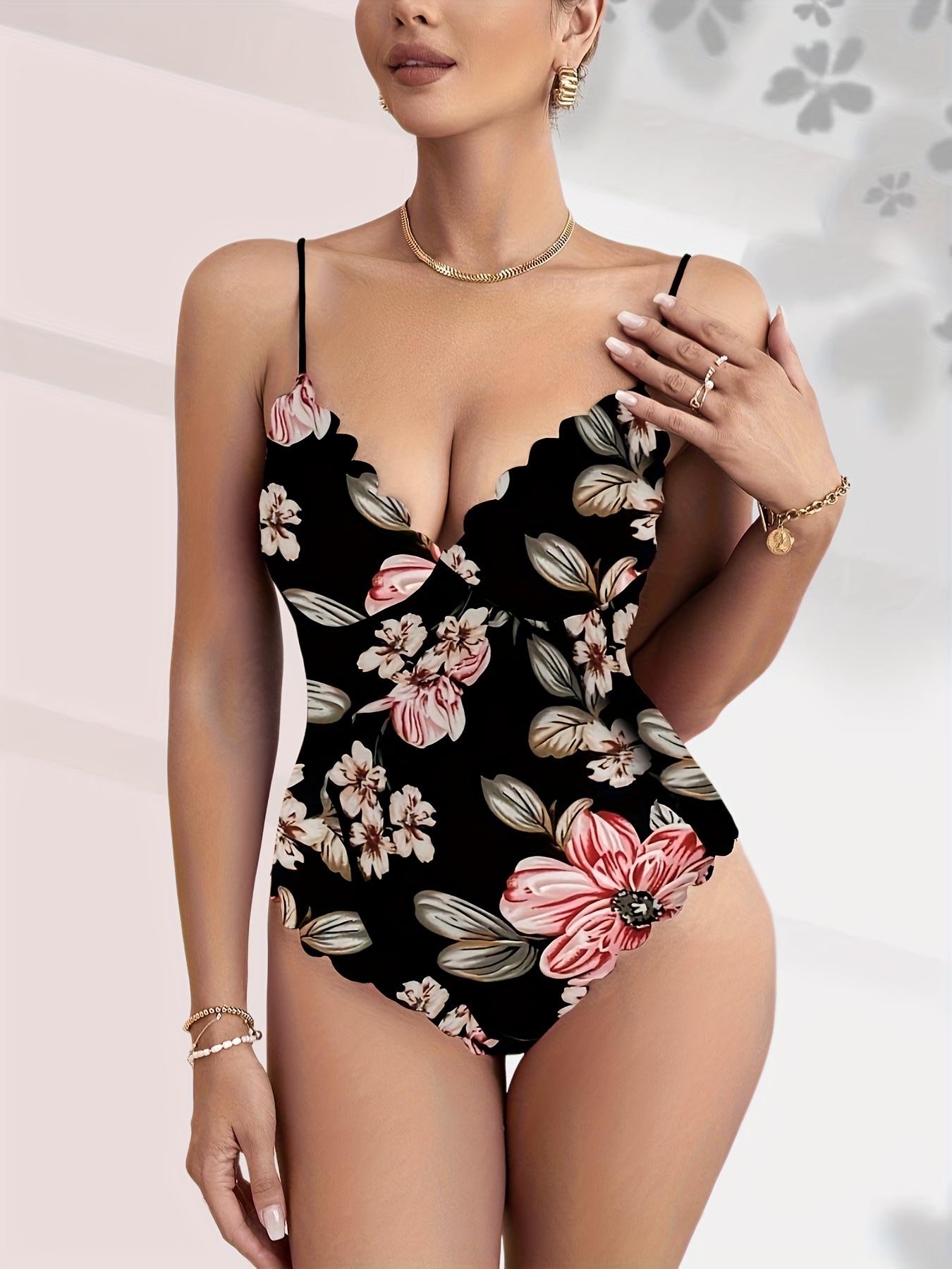 Floral Print V-neck Cami Bodysuit, Sexy Scallop Trim * Bodysuit, Women's  Clothing