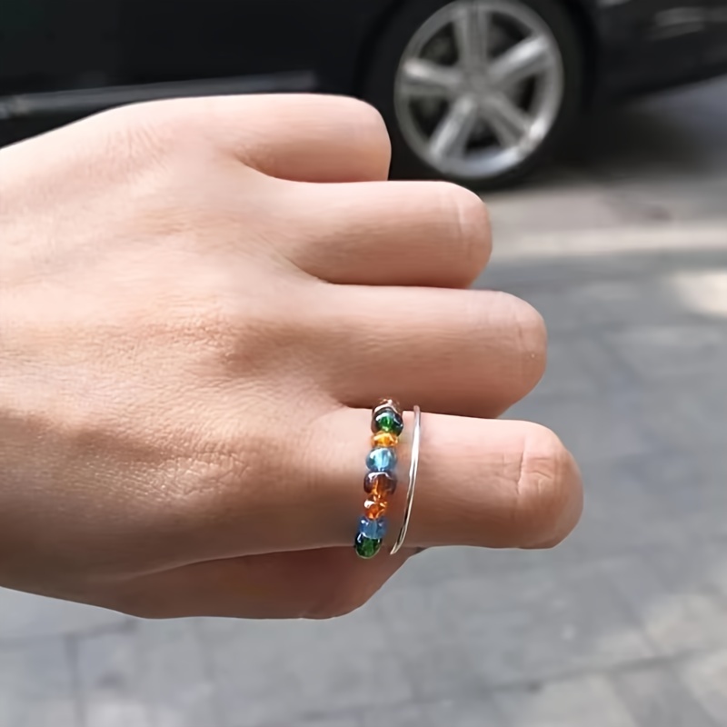 rotatable fidget spinner 316l stainless steel anti stress silvery color rings for women vintage colorful beads Product details 5