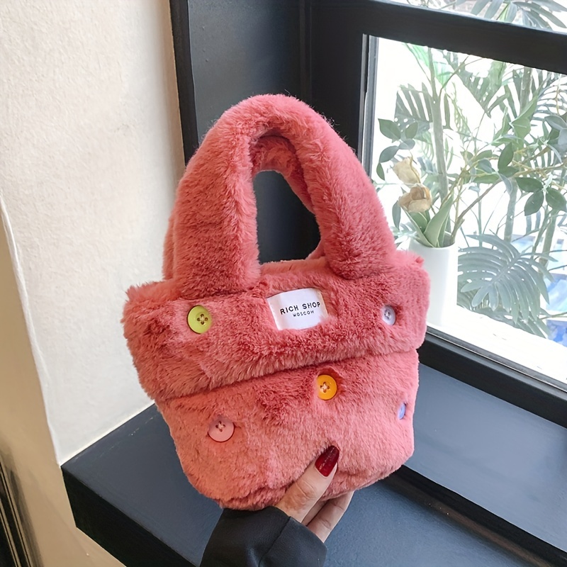 Cute Button Plush Handbag, Kawaii Furry Crossbody Bag, Autumn And