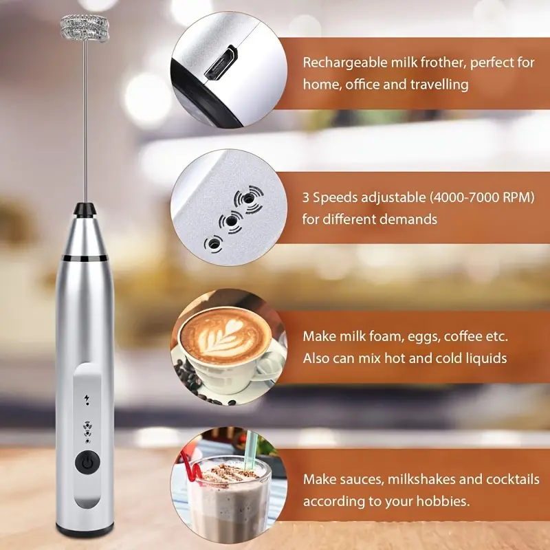 1pc electric egg beater milk frother 3 speed adjustable household hand mixer rechargeable milk frother with battery details 6