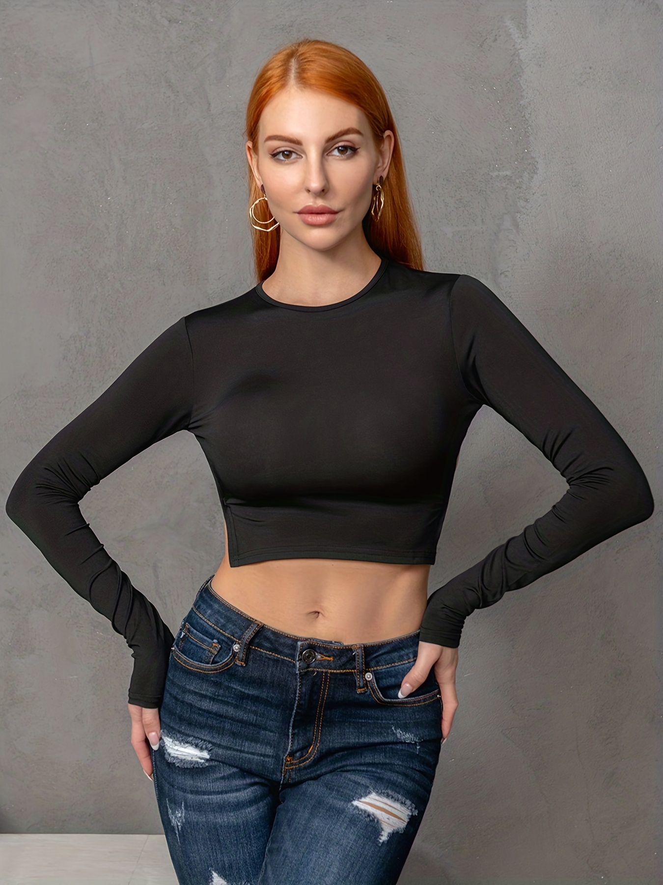 Ribbed Skinny Crop Top Sexy Solid Crew Neck Long Sleeve T - Temu