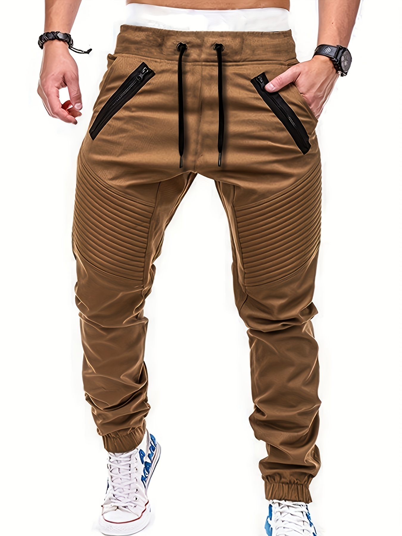 Men's Drawstring Cargo Pants Zip Pocket Slim Fit Trendy - Temu Canada