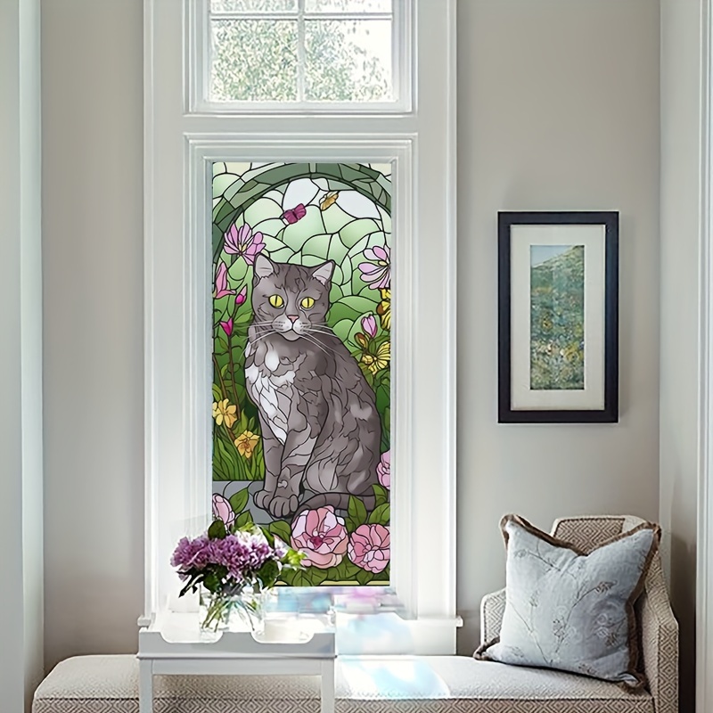 1 roll stained glass window film white cat static window cling decorative window film window tinting film for home non adhesive glass window decals decor for door window living room home decor