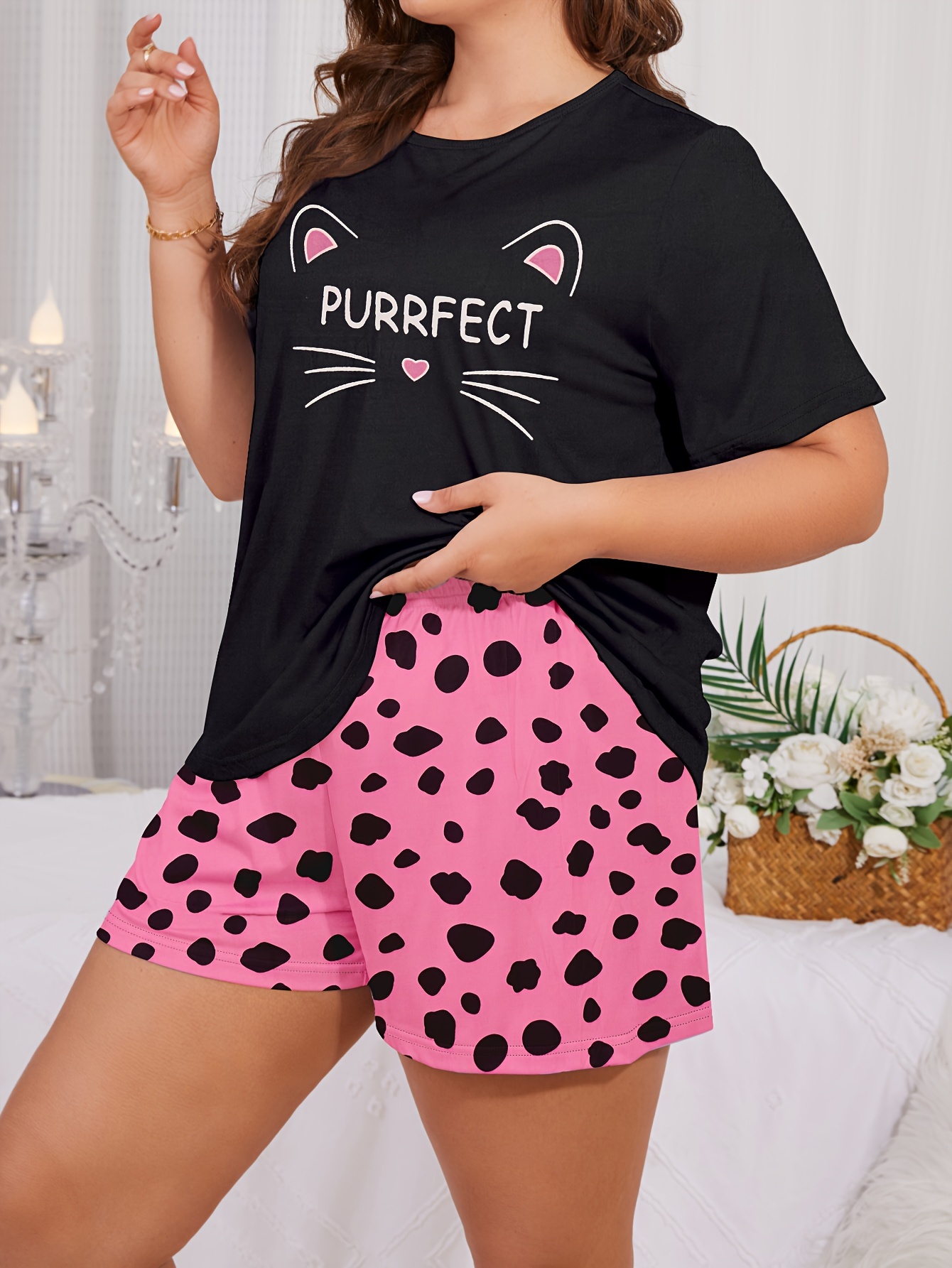 Plus Size Cute Pajama Set, Women's Plus Cat Print Short Sleeve Top & Pants  Slight Stretch Pajama 2pcs Set