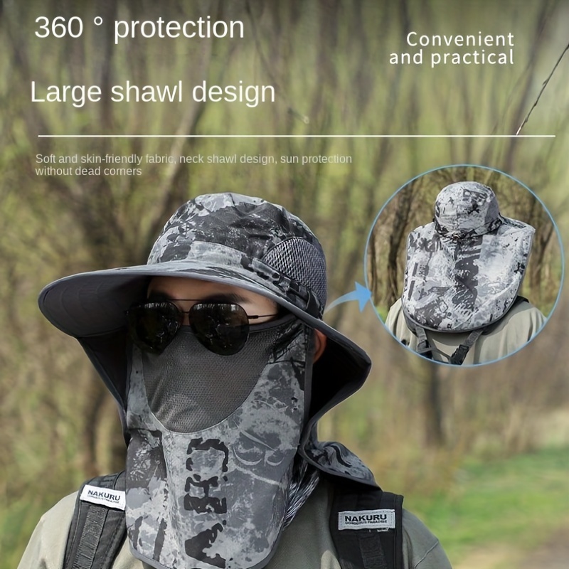 Men's Camouflage Shawl Sun Hat With Face Cover, Breathable And Sun-Proof,  Removable Bucket Hat For Fishing, Hiking, And Travel