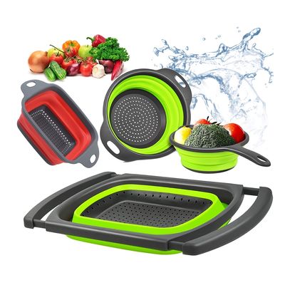 1pc Silicone Kitchen Drain Baskets, Folding Kitchen Colander, Over The Sink Food Strainer With Retractable Handle, Fruit And Vegetable Washing Basket, Multifunctional Kitchen Washing Bowl, Kitchen Gadgets, Kitchen Accessories, Kitchen Stuffs