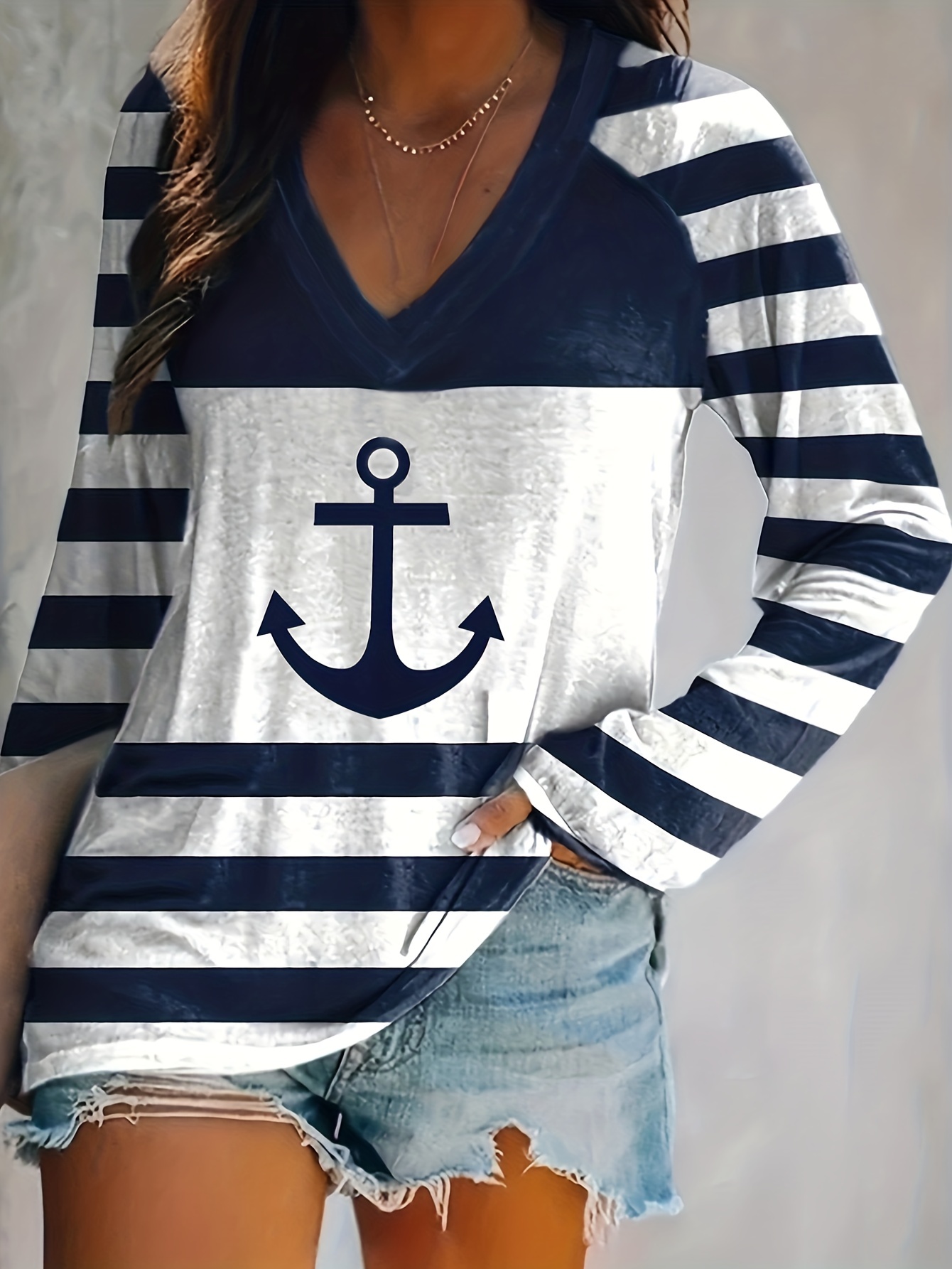 Stripe & Anchor Print V Neck Tee, Casual Long Sleeve T-shirt, Women's  Clothing