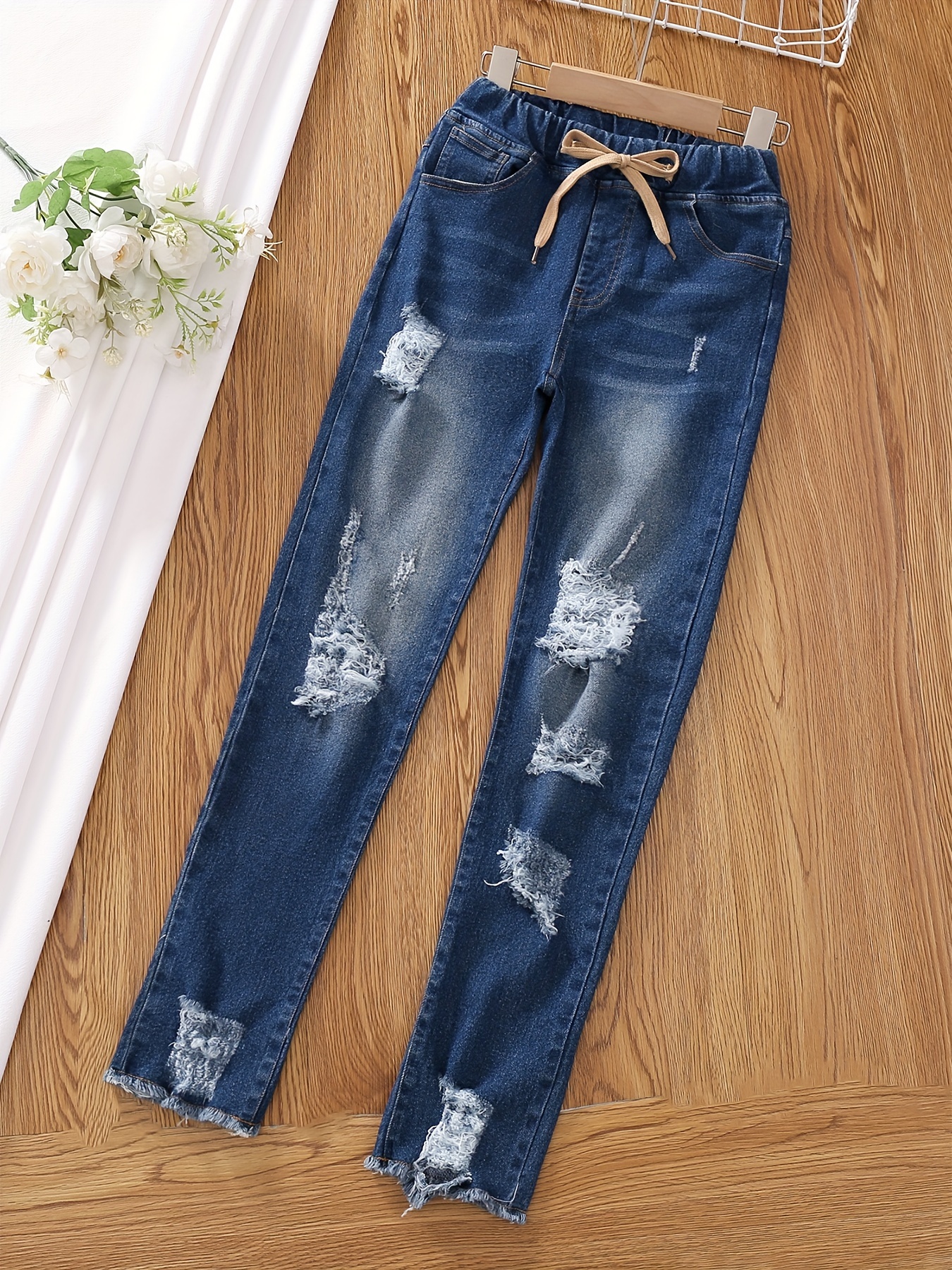 Tween Girls Hem Ripped Flared Jeans Versatile - Temu