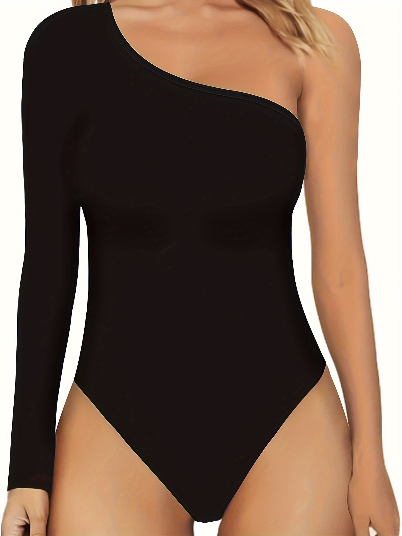 BLACK One shoulder asymmetric bodysuit, Bodysuits