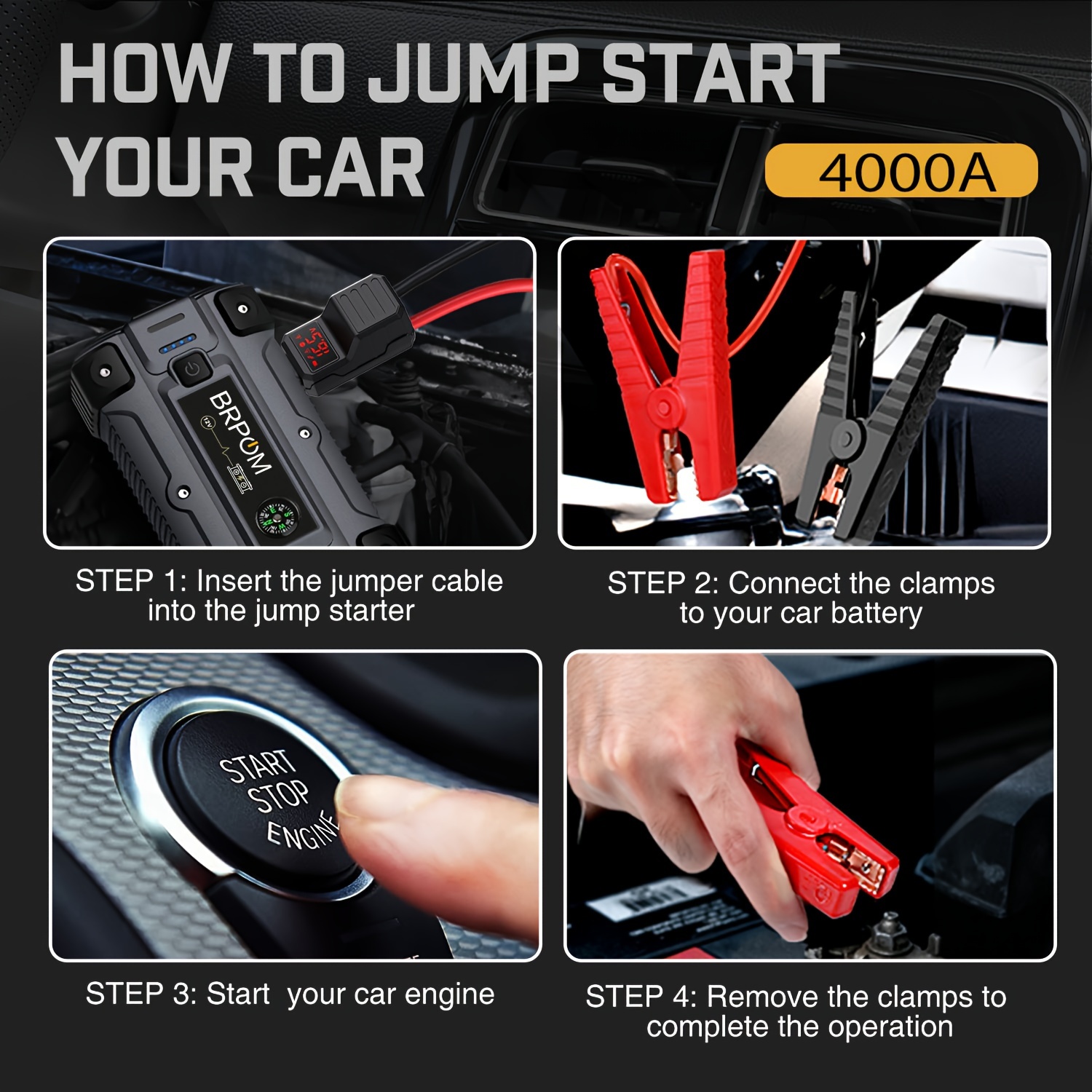 Car Jump Starter 4000a Peak (up To All Gas Or Engine - Temu