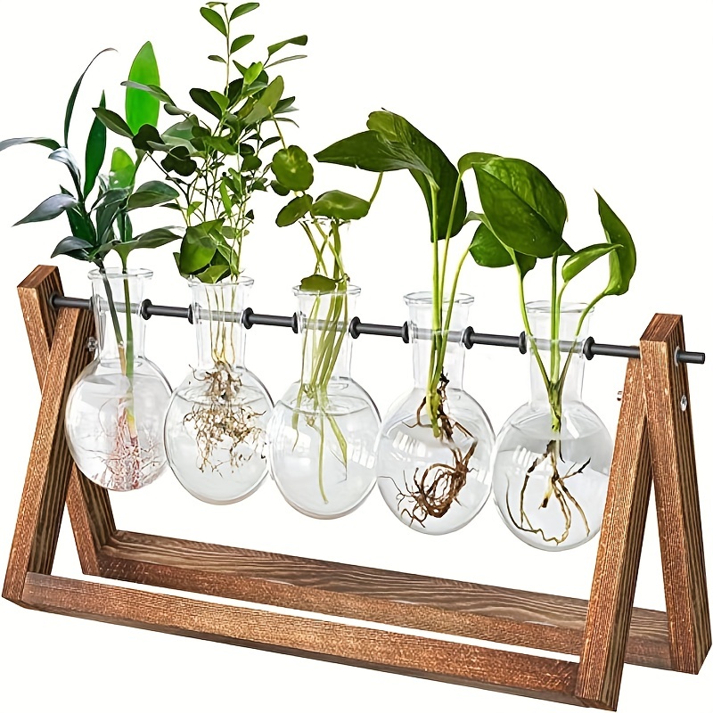 

1pc, 5 Bulb Vase Plant Glass Container, With Wooden Frame, Indoor Living Hydroponic Plant Office Garden Planter