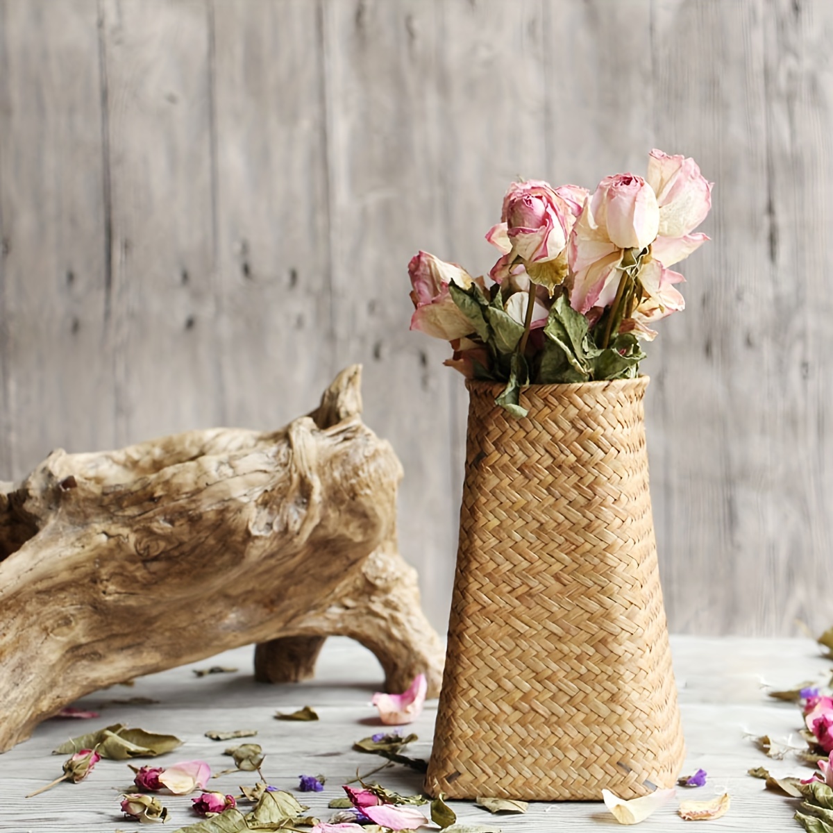 

1pc, Handwoven Rattan Vase, Pastoral Style Natural Grass Handwoven Vase, Flower Vase For Outdoor Garden Yard Home Decor, Dry Flower Decoration Vase