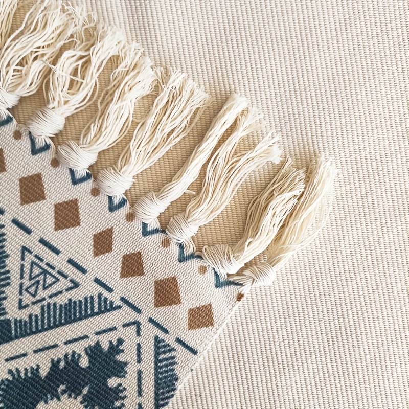 Boho Handwoven Linen Area Rug With Tassels Absorbent Bath Rug