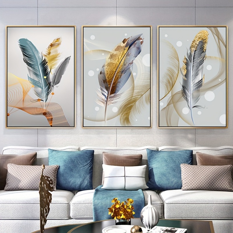 Pintura en lienzo abstracta de plumas doradas, pintura al óleo, impresiones  en lienzo, arte de pared
