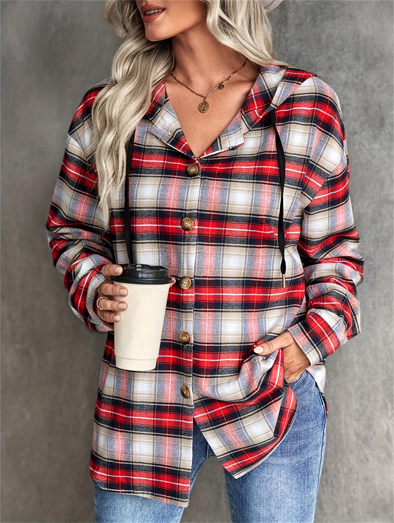 Hooded Plaid Print Blouse Casual Button Front Drawstring - Temu