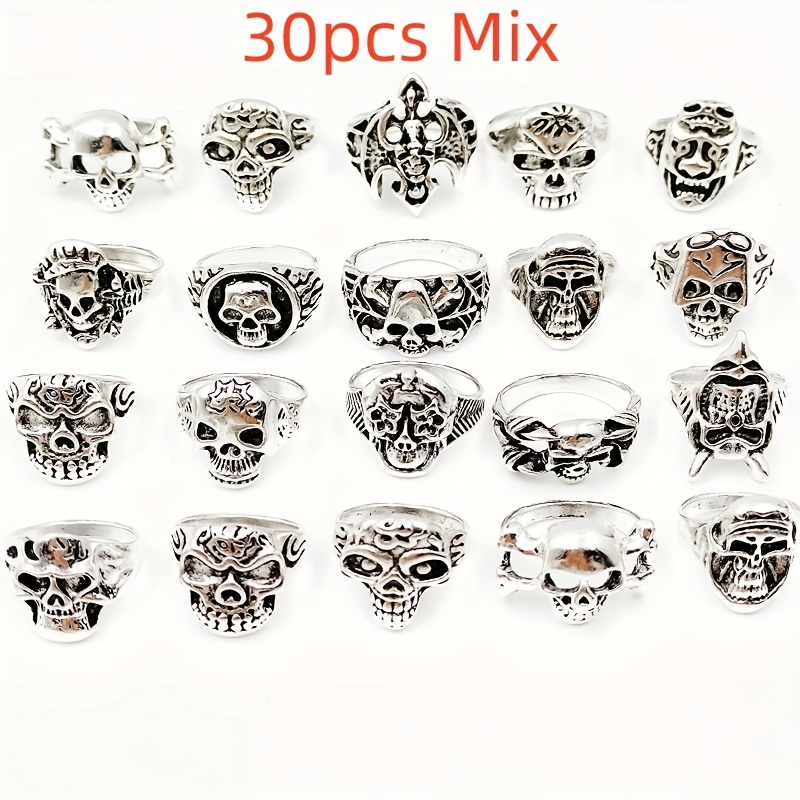 Wholesale 25pcs Lots Gothic Punk Skull Antique Silver Rings Mixed Style  Jewelry
