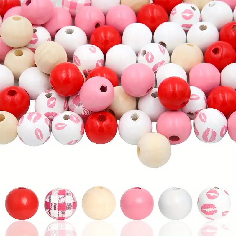 Valentine's Day Theme Polished Wooden Beads For Diy Jewelry - Temu