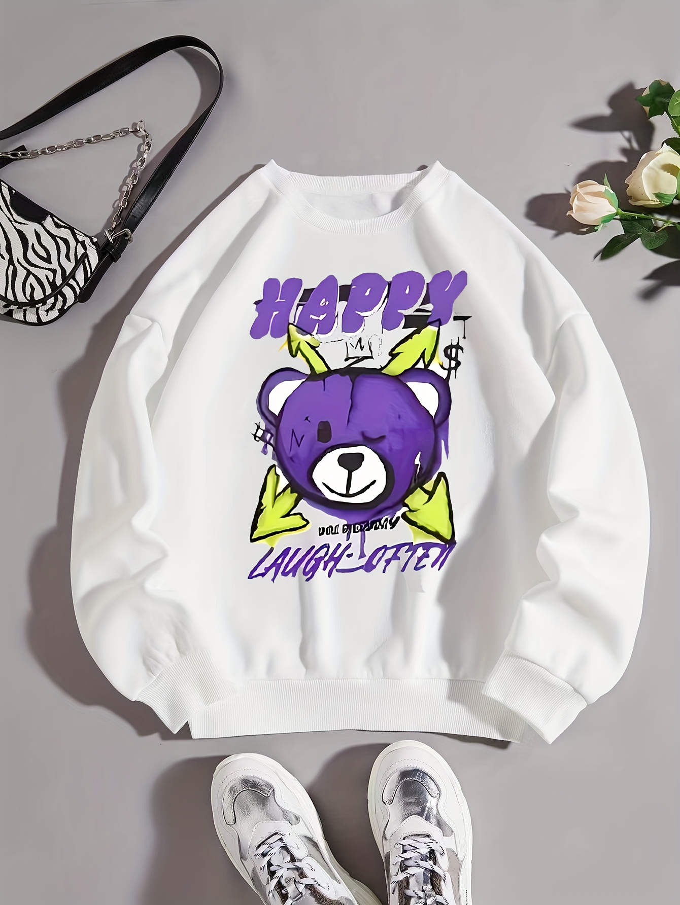 Letter Bear Print Pullover Sweatshirt Casual Long Sleeve Temu Australia