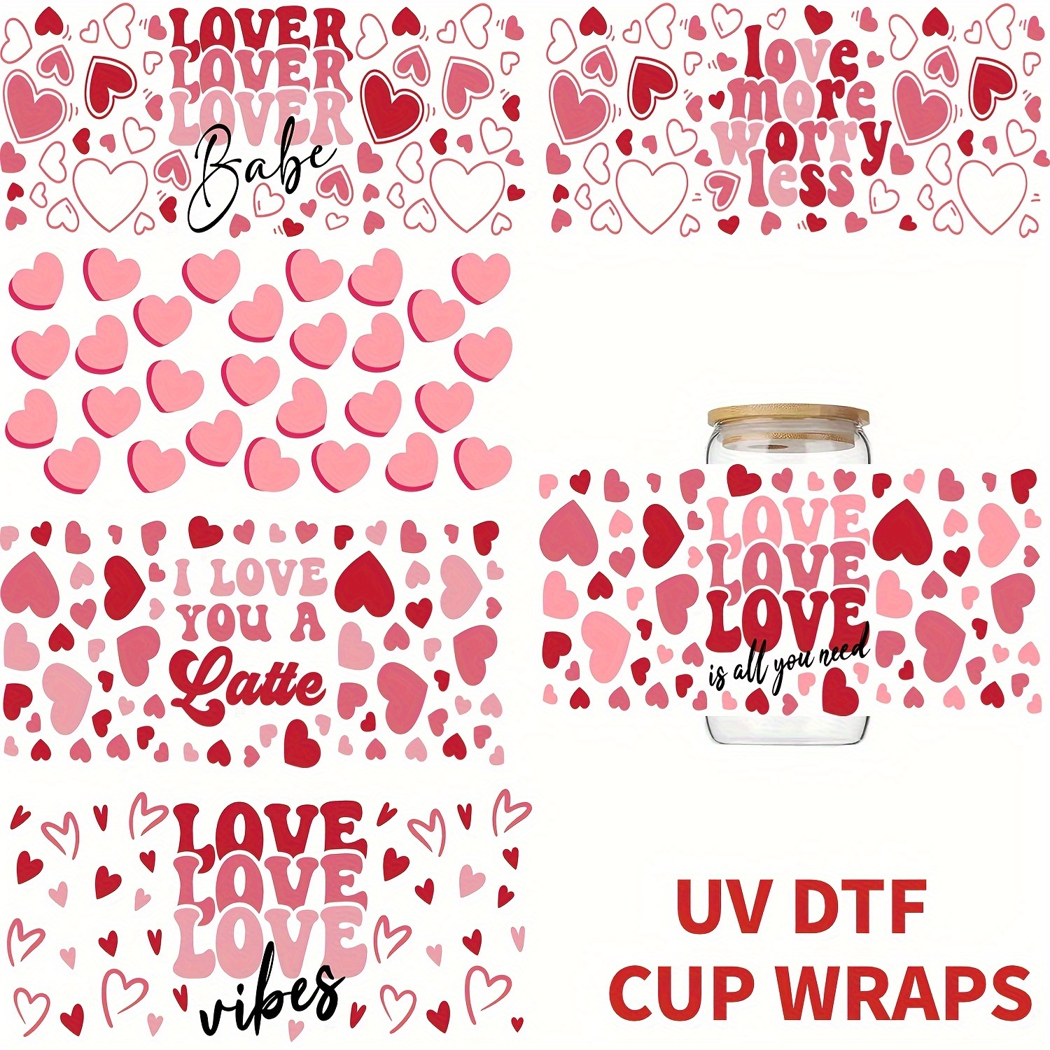 6 Sheets UV DTF Transfer Sticker Valentine's Day UV DTF Cup Wrap Rub on  Waterproof Transfers for 16oz Libbey Glass Crafts Decals