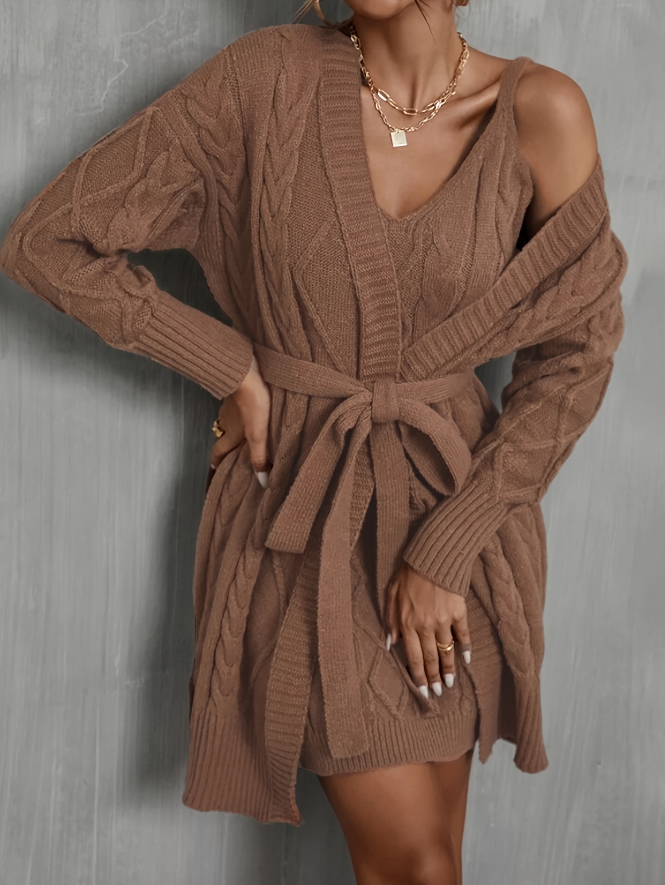 Casual Solid Ribbed Two piece Dress Set Long Sleeve Cardigan - Temu