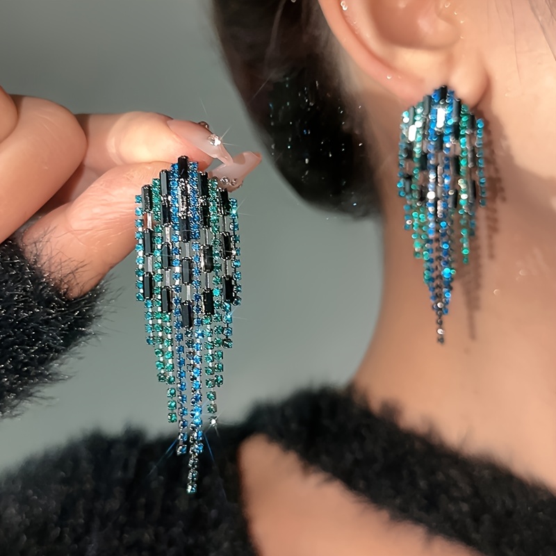 

1 Pair Of Dangle Earrings Sparkling Tassel Design Paved Full Of Shining Rhinestone Match Daily Outfits Evening Party Decor