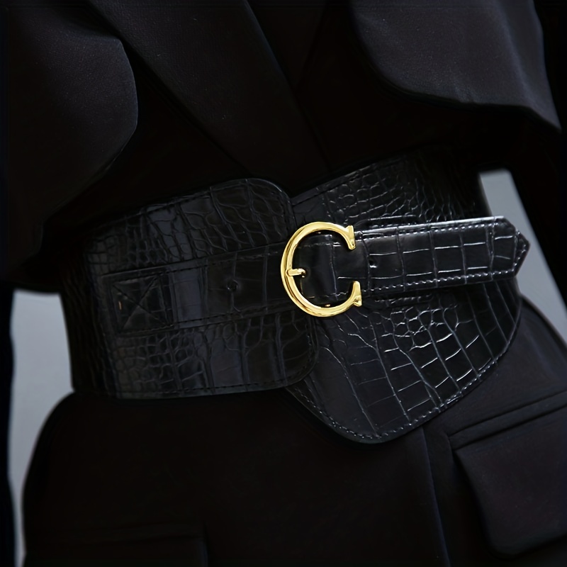 Stone Pattern Embossed PU Belt C Buckle Wide Belt Vintage Dress Coat