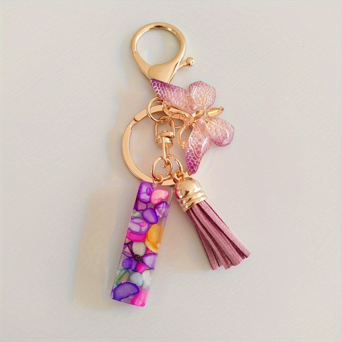 Purple Initial Letter Keychain Pendant With Tassels Diy Key - Temu