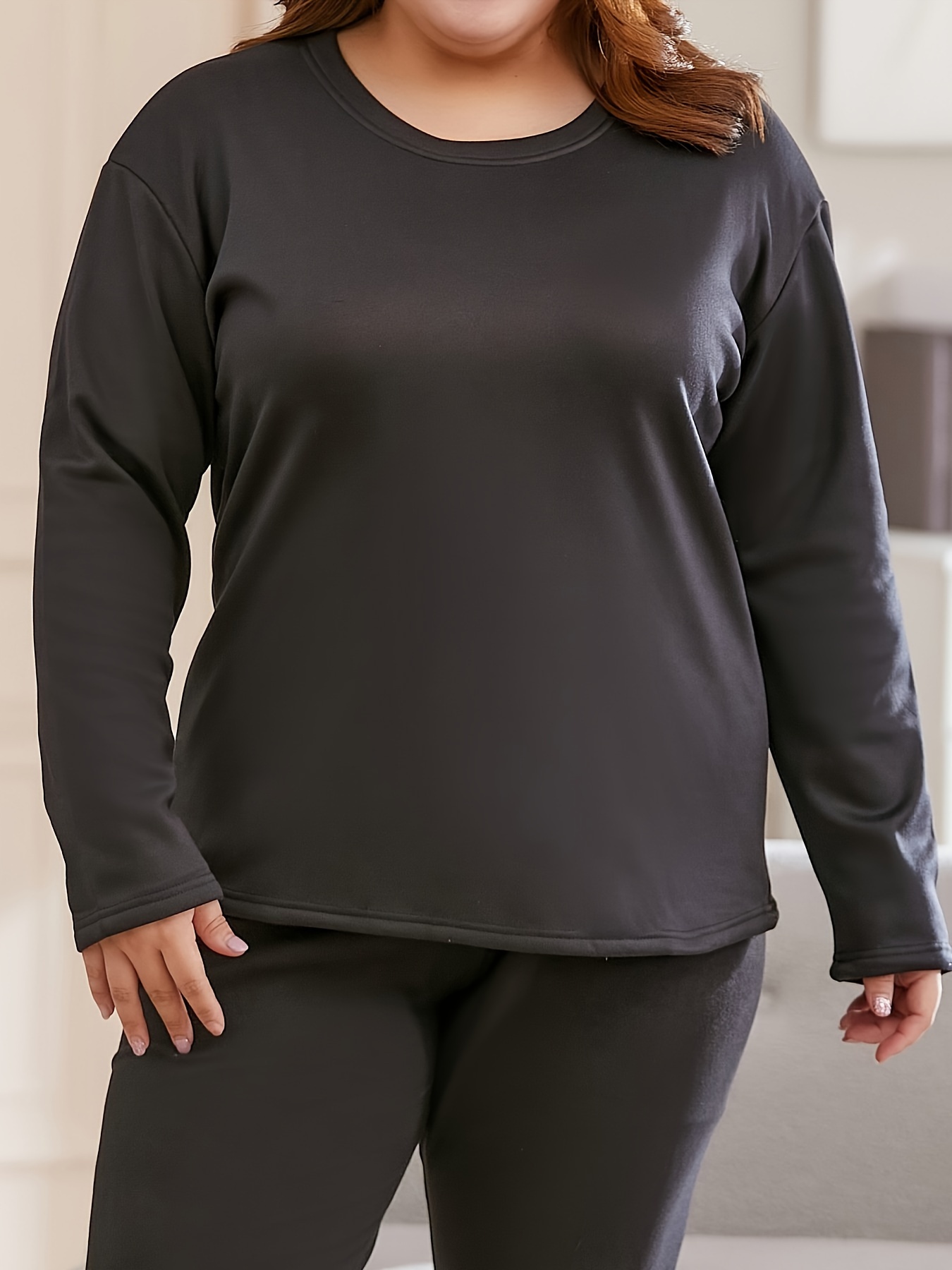Plus Size Casual Thermal Underwear Top, Women's Plus Plain Long Sleeve  Round Neck Drop Shoulder Thickened Winter Base Layer Top - - Temu Canada
