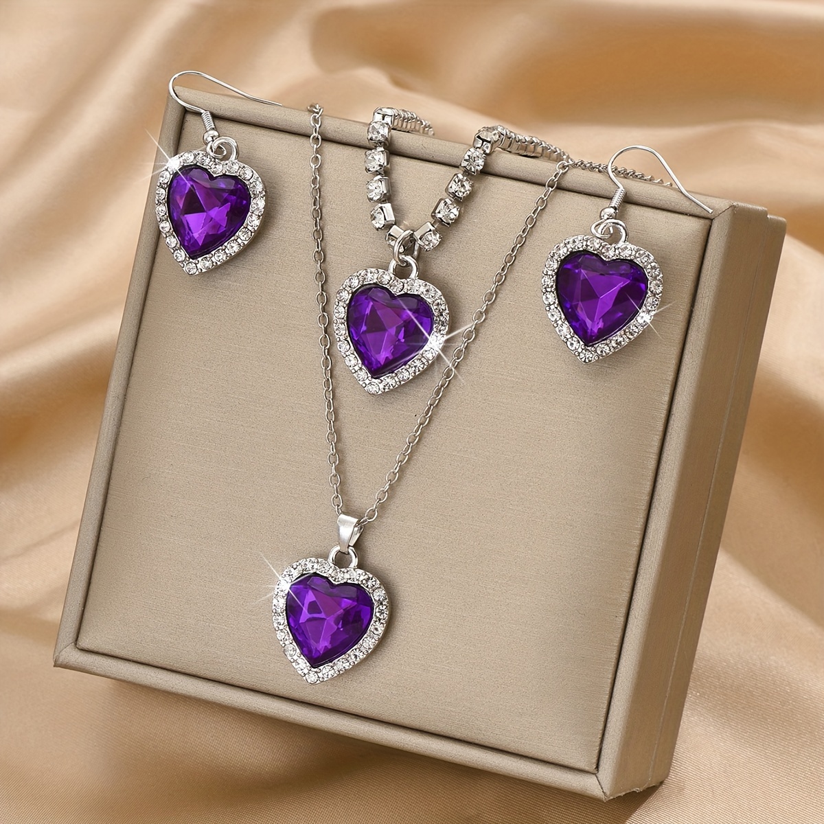 TEMU Fashionable And Easy Peach Heart Necklace, Earrings, And Bracelet 4pcs Set, Valentine's Day, Christmas, Girlfriend, Best Friend Gift (product