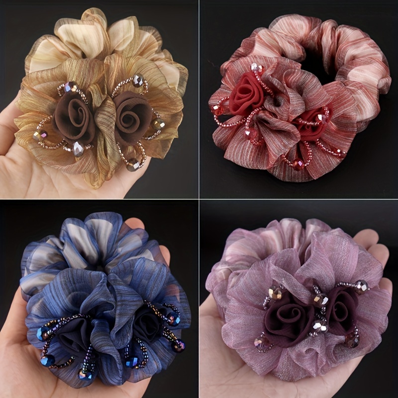 2pcs Pink Satin Scrunchie with Taupe Flower Hair Clip