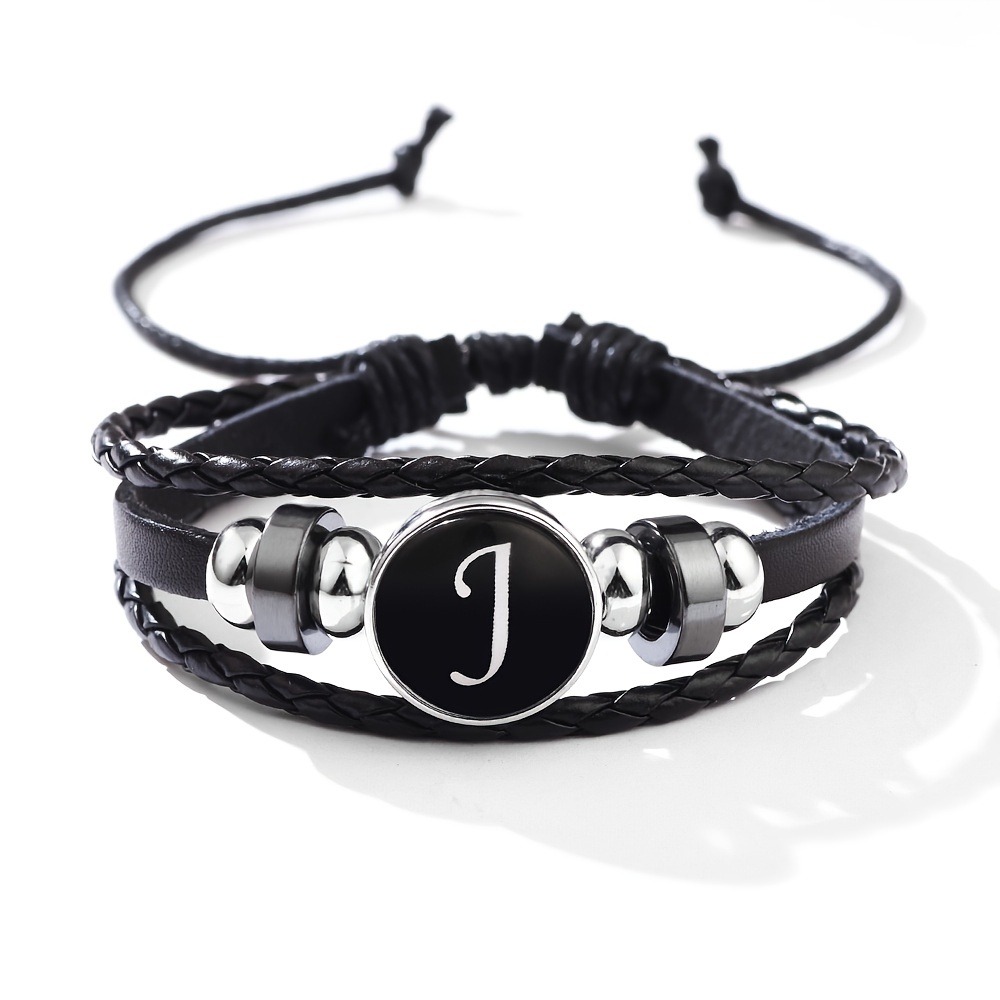 Classic European and American Style Minimalist Bracelet,  and Fashionable 26 English Letters Woven PU Leather Black Onyx Bracelet Jewelry