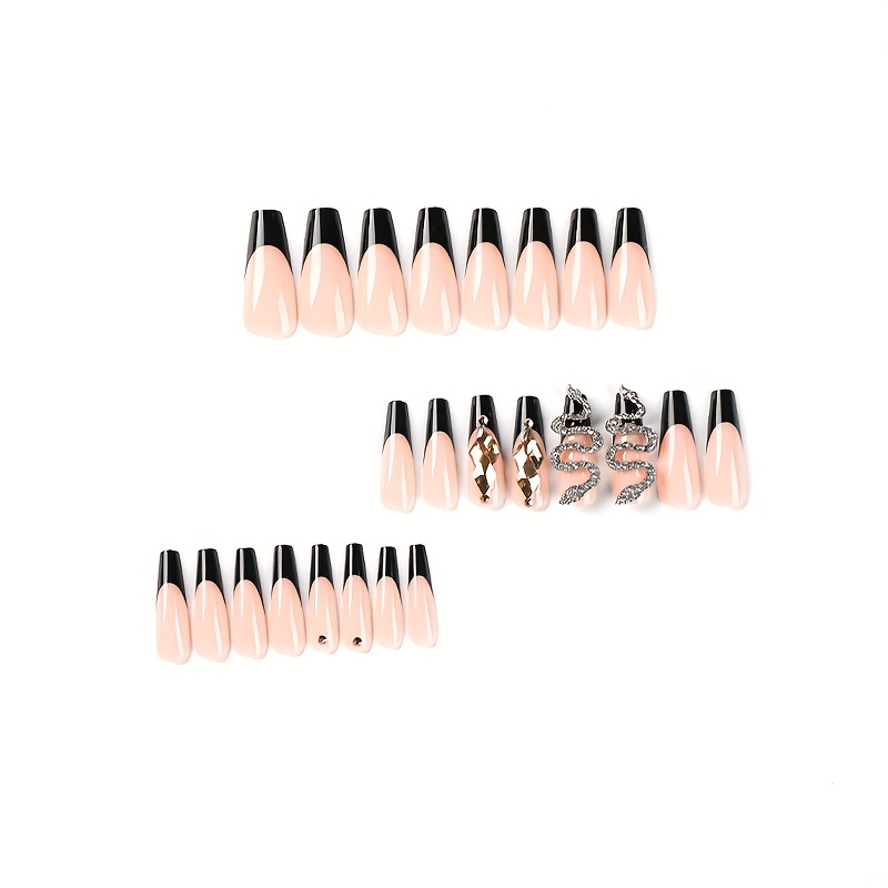 Nude French Tip Press On Nails Long Bling Snake Rhinestone - Temu