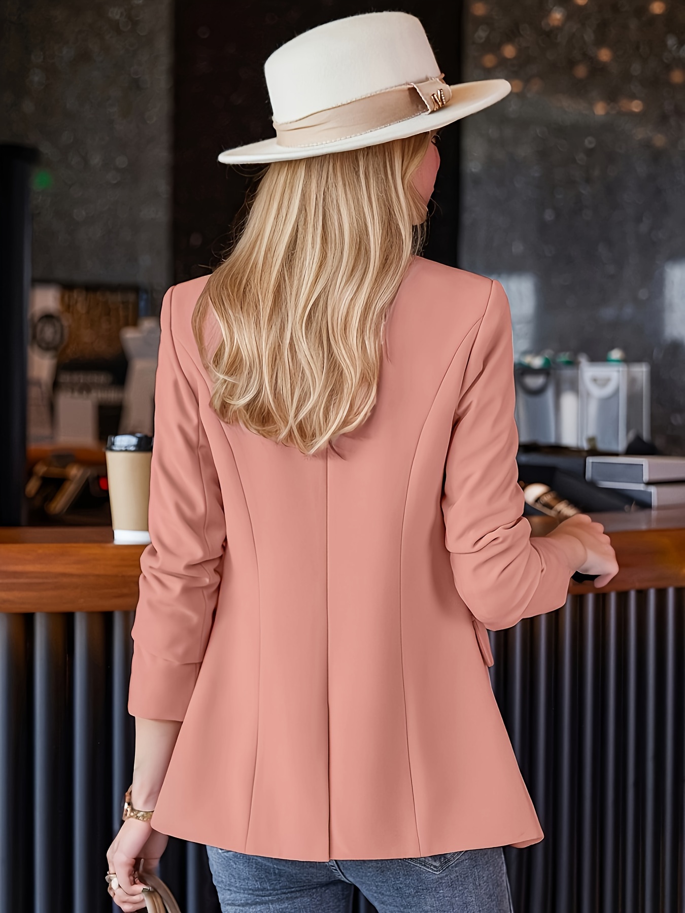 Solid Color Open Front * Elegant Lapel Neck Double Breasted Long Sleeve  Feather Cuff * For Spring & Fall, Women's Clothing