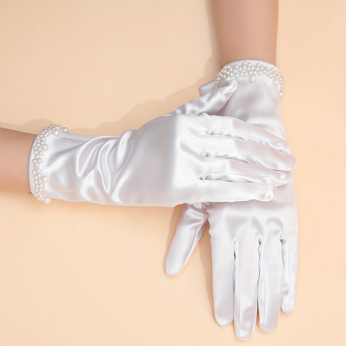 1pair Faux Pearl Decor White Gloves Elegant Satin Gauze Wedding