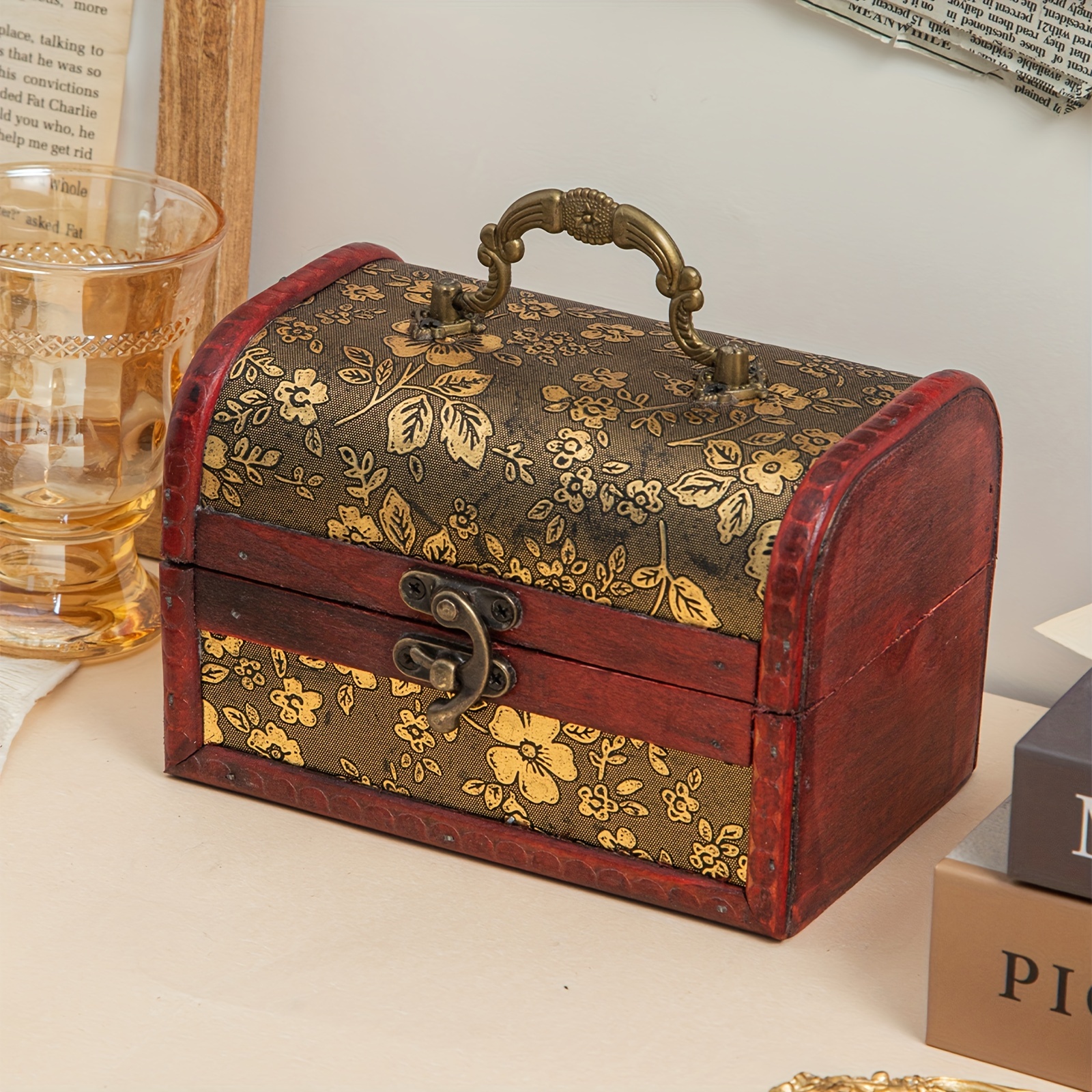 Tebru Wooden Box, Vintage Suitcase Lockable Box Vintage Wooden Storage Box Decorative Jewelry Box with Lock for Home Large 32 x 23.5 x 11.5 cm