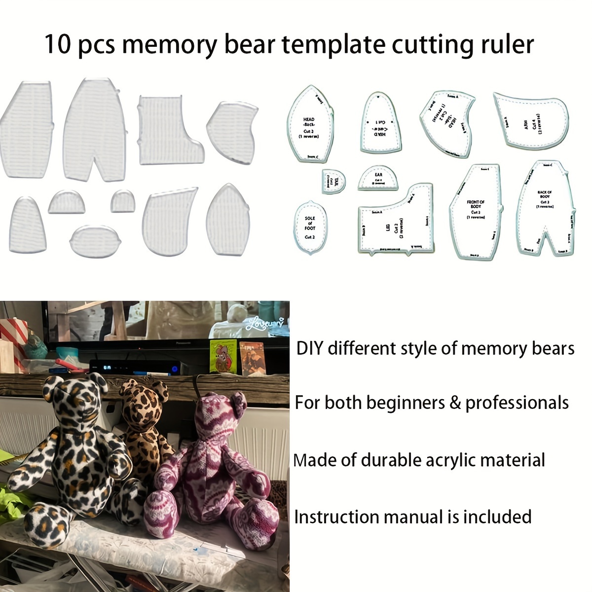 Memory Bear Template Ruler Set, 10pcs Memory Bear Sewing Patterns
