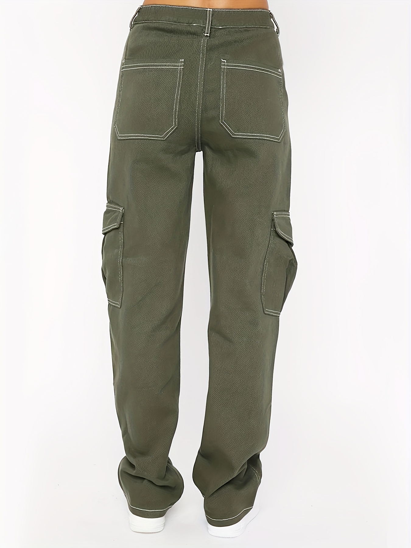 Pantalones Cargo Verde Militar Bolsillos Solapa Cintura Alta