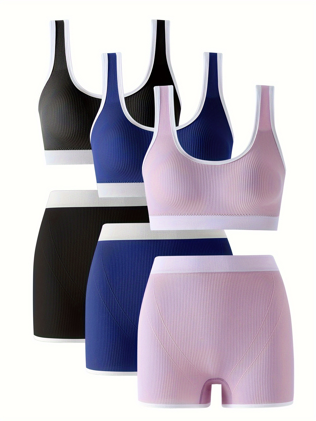 3 Sets Bra & Panties, Sports Ribbed Elastic Intimates Bra & Panties  Lingerie Set, Women's Lingerie & Underwear