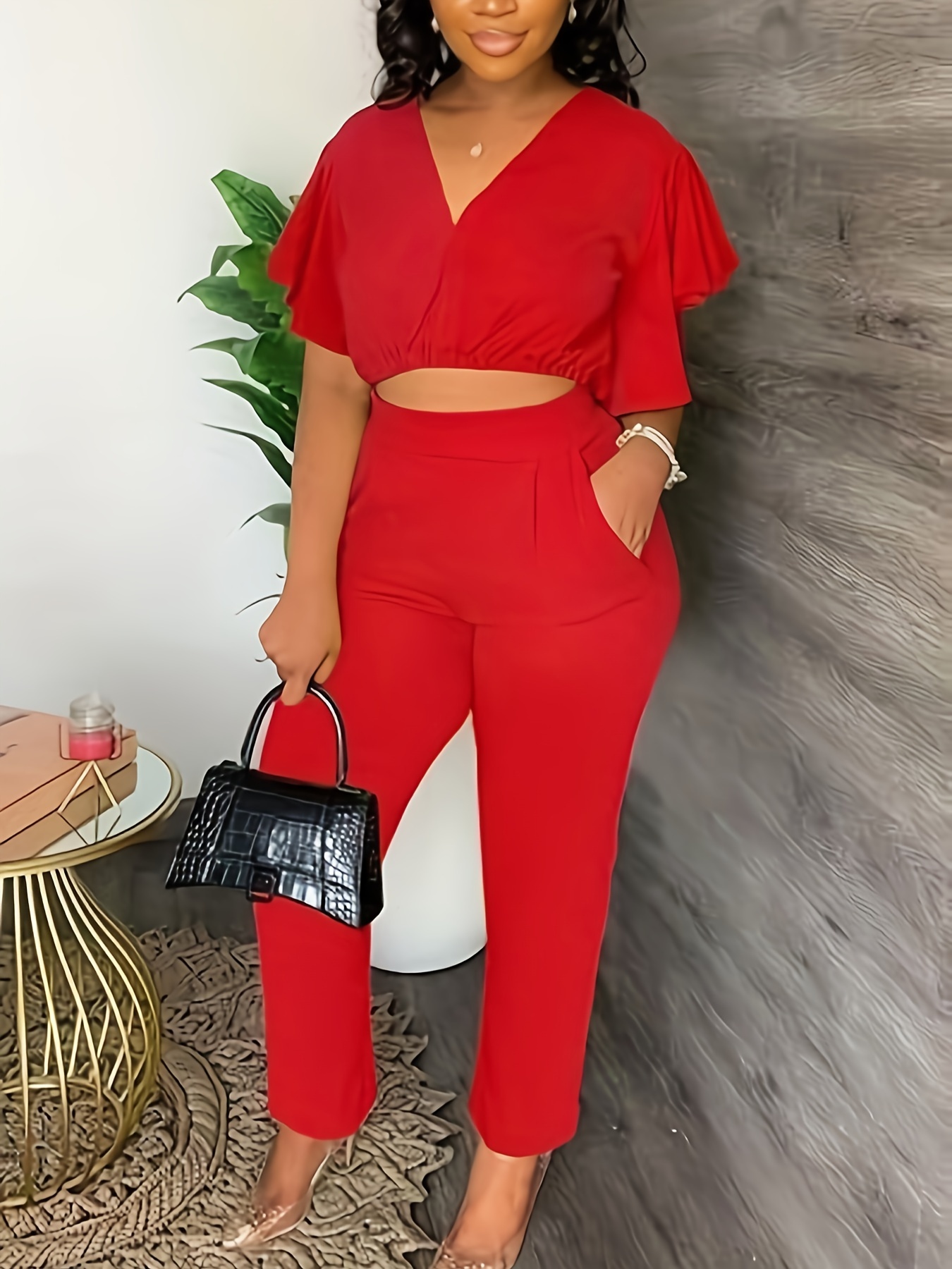 Casual Solid Two piece Set Drop Shoulder V neck Top Straight