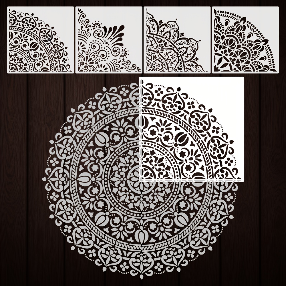 

4pcs Large Mandala Stencils, 12x12 Inches Quarter Mandala Painting Templates, Reusable Floral Mandala Drawing Stencil For Wall Floor Furniture Fabric Canvas Wood Diy Craft Art Supplies Decor