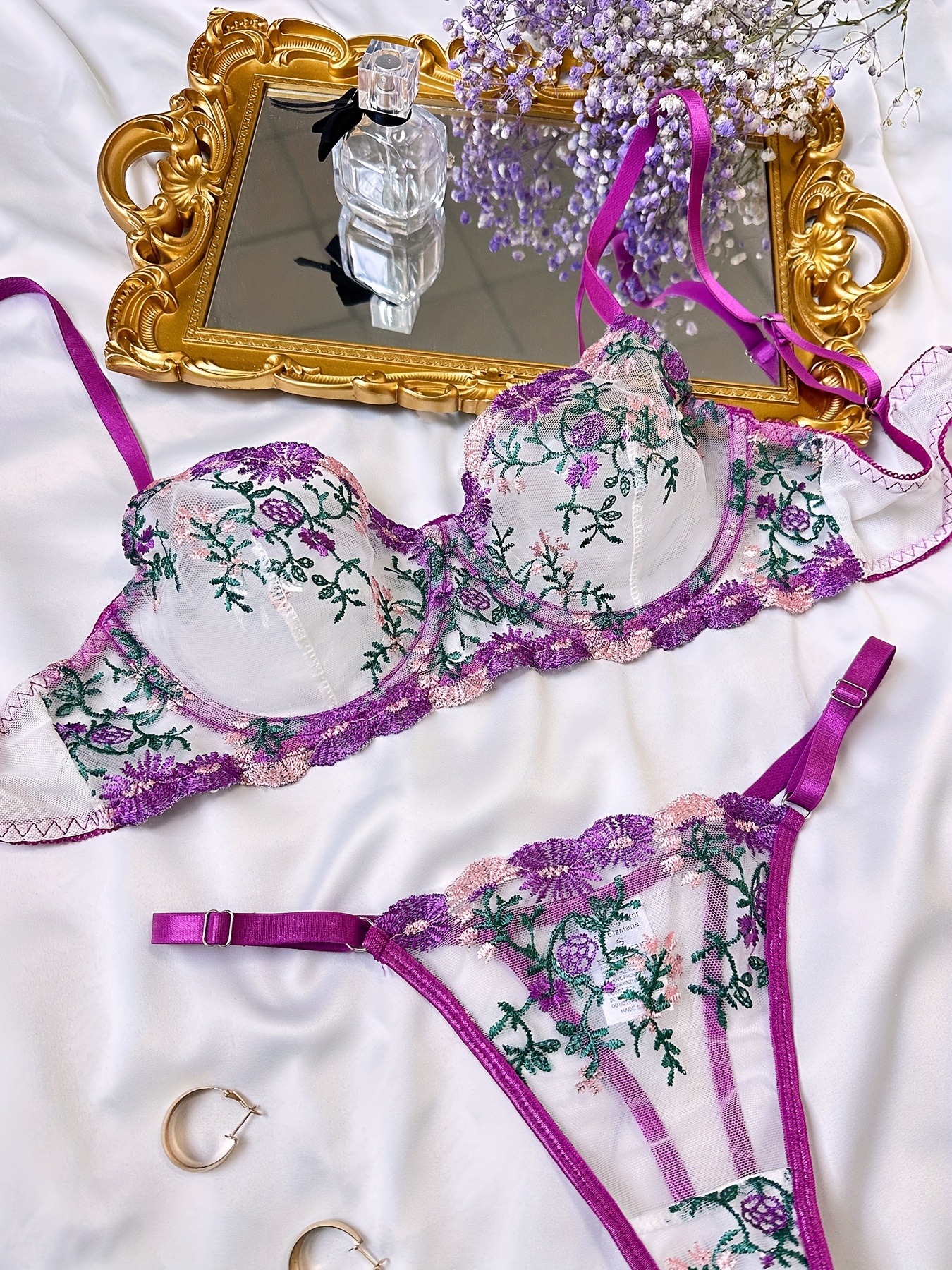 Floral Embroidery Lingerie Set Cut Unlined Bra Mesh Thong - Temu