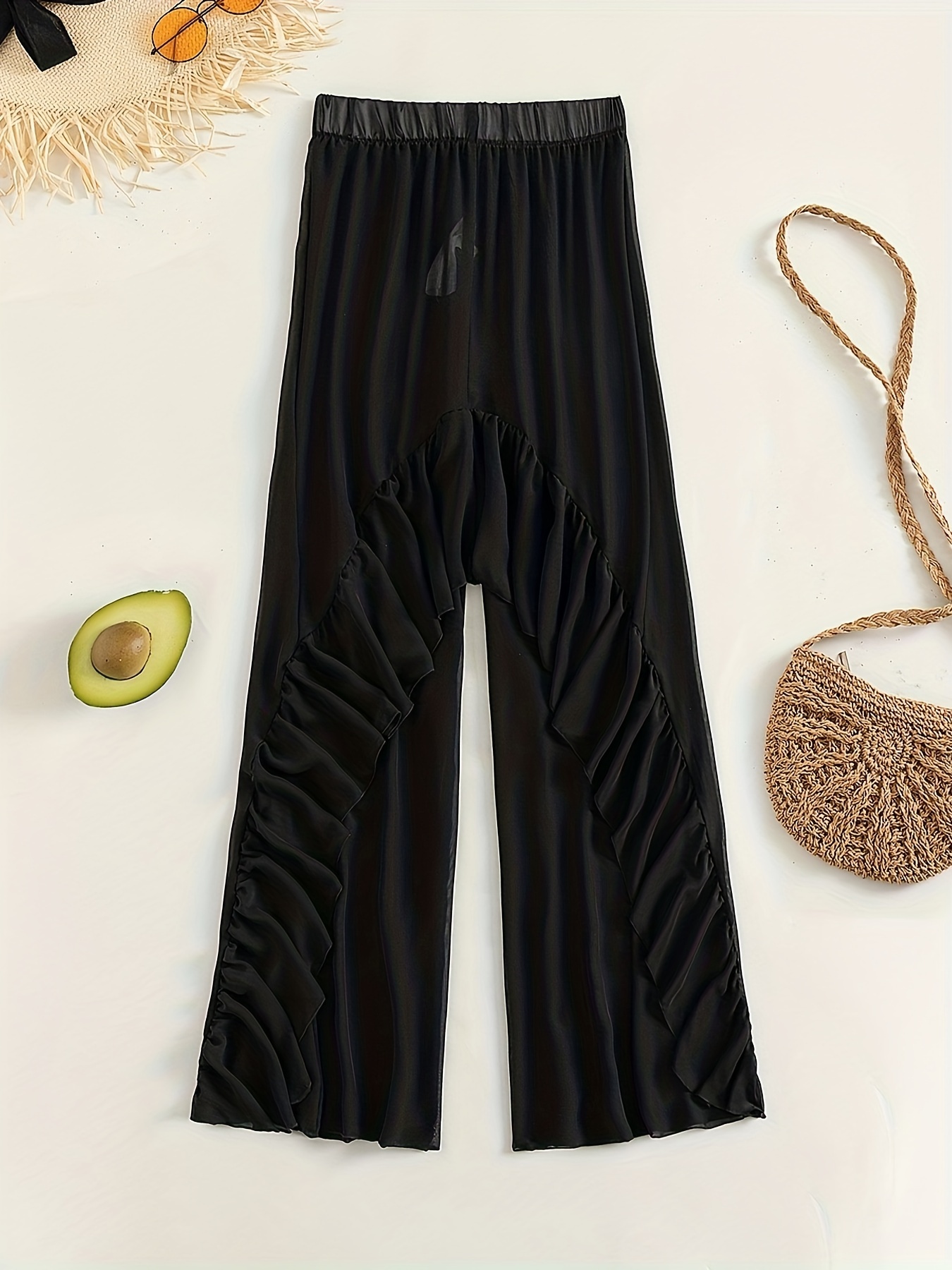 Black Wide Leg Beach Pants High Waist Solid Color - Temu